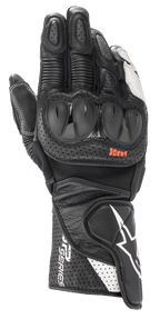 Gants Alpinestars SP-2 V3, gants de course moto, noir et blanc, avec protections de jointures en TPU rigide, cuir perforé pour la ventilation, manchette longue avec logo étoile blanc et marquage SP Series