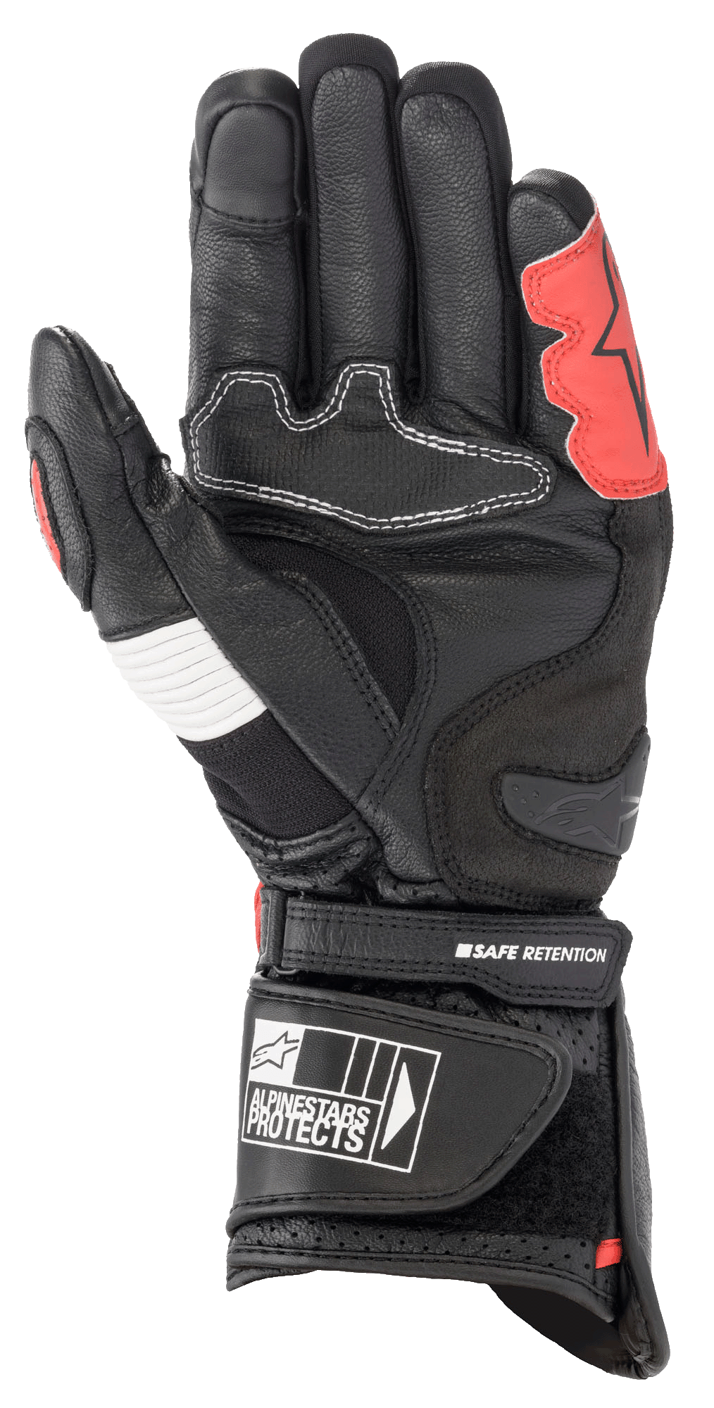 Gants Alpinestars SP-2 V3, noir, blanc et rouge vif, vue de la paume montrant la construction en cuir renforcé, le slider de paume en TPU, le panneau en accordéon blanc et la sangle de poignet sécurisée avec logo