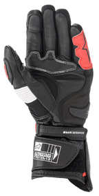 Gants Alpinestars SP-2 V3, noir, blanc et rouge vif, vue de la paume montrant la construction en cuir renforcé, le slider de paume en TPU, le panneau en accordéon blanc et la sangle de poignet sécurisée avec logo