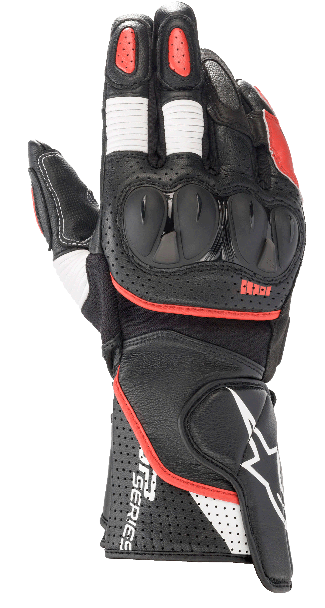 Gants Alpinestars SP-2 V3, gants de course moto, noirs avec accents blancs et rouge vif, protection des articulations rigide en TPU, cuir perforé sur la manchette, soufflets d'aisance blancs sur les doigts, marquage GP Series