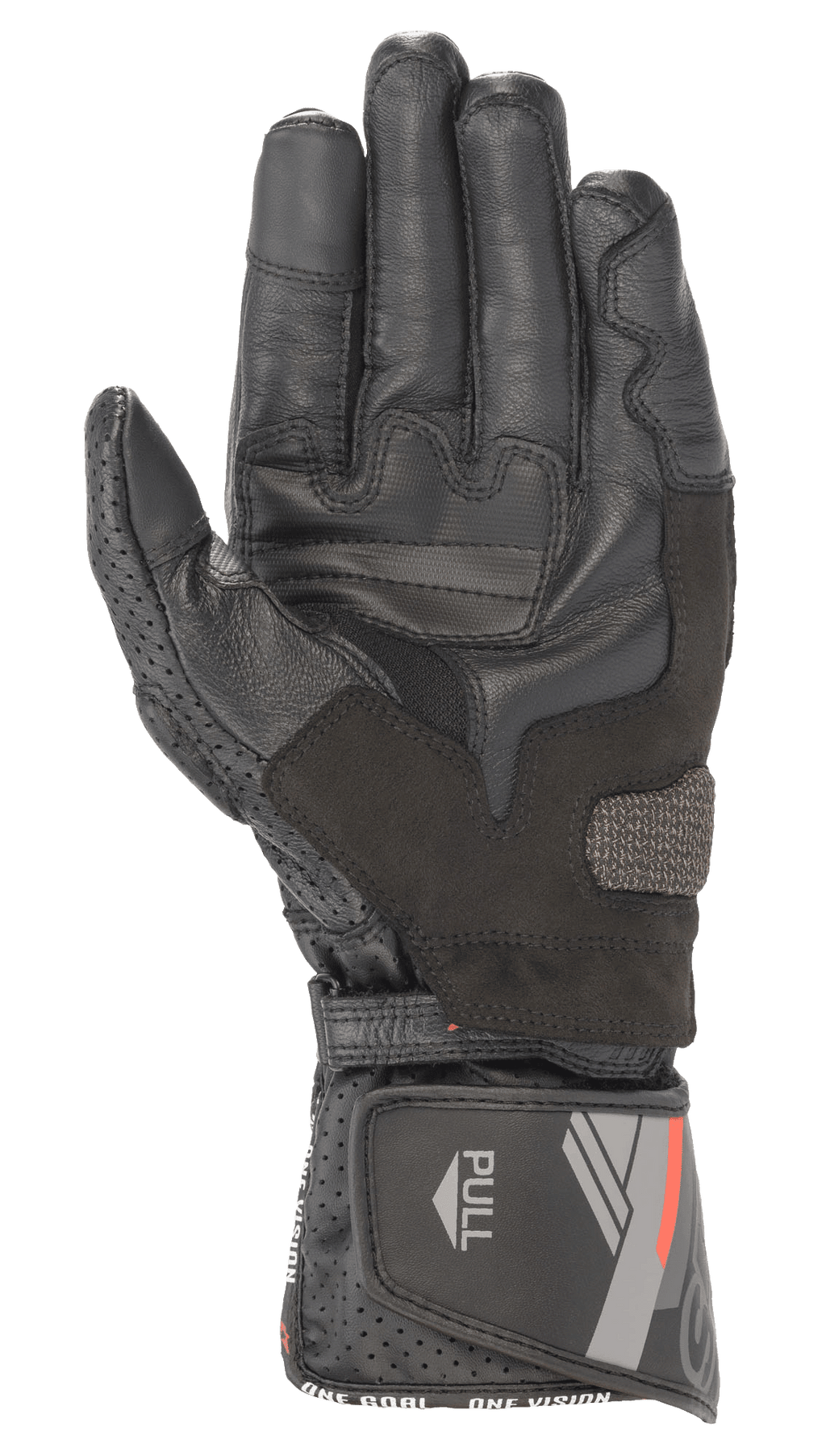 Alpinestars SP-8 V3 Leather Glove, Black, palm view featuring reinforced grip panels and perforated thumb, adjustable cuff with red and grey graphics and 'PULL' tab, sport motorcycle riding gear
