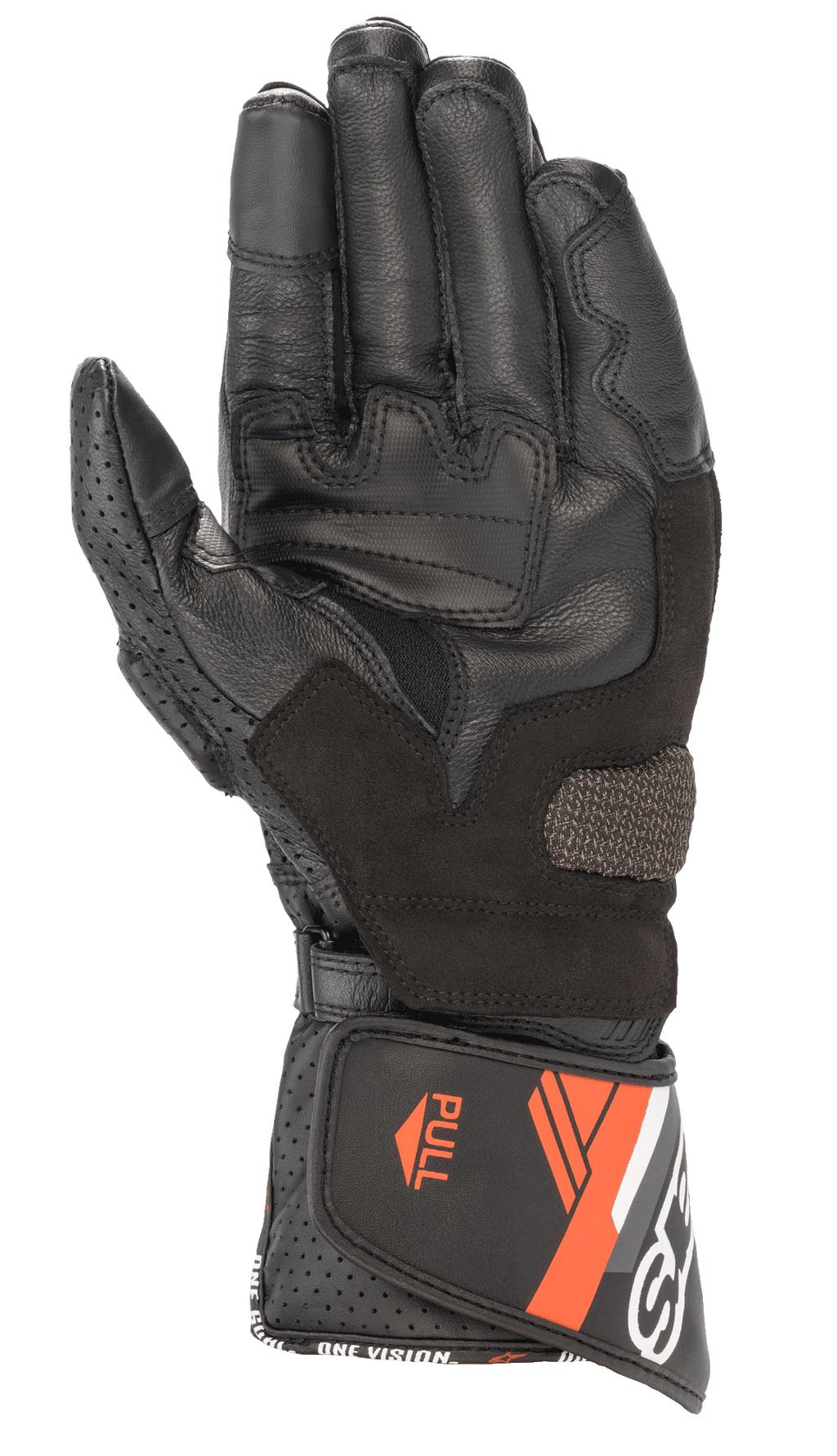 Gant en cuir Alpinestars SP-8 V3, gant de moto, noir et rouge fluo, vue de la paume montrant les panneaux de préhension renforcés, pouce en cuir perforé et manchette ajustable avec des accents orange et le marquage « ONE GOAL ONE VISION »