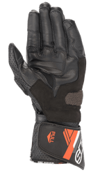 Gant en cuir Alpinestars SP-8 V3, gant de moto, noir et rouge fluo, vue de la paume montrant les panneaux de préhension renforcés, pouce en cuir perforé et manchette ajustable avec des accents orange et le marquage « ONE GOAL ONE VISION »
