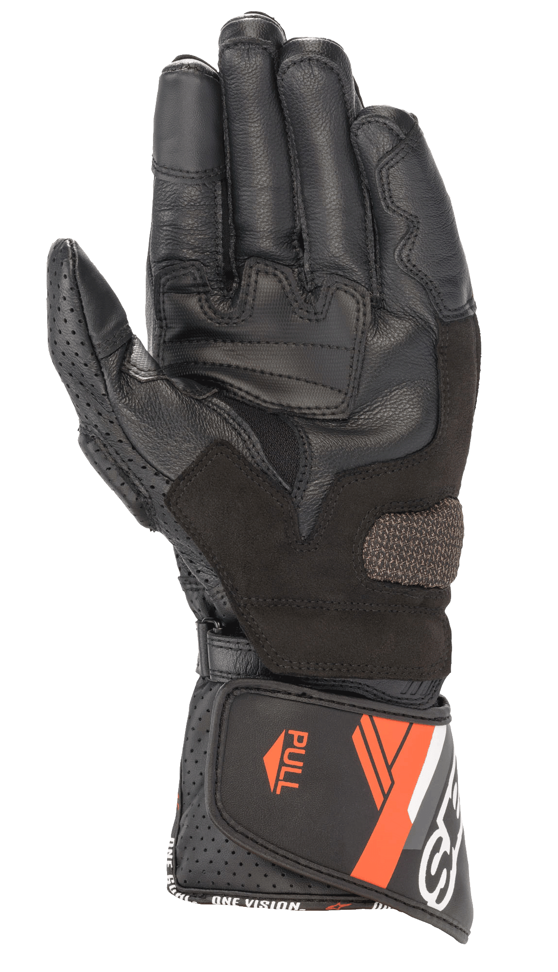 Gant en cuir Alpinestars SP-8 V3, gant de moto, noir et rouge fluo, vue de la paume montrant les panneaux de préhension renforcés, pouce en cuir perforé et manchette ajustable avec des accents orange et le marquage « ONE GOAL ONE VISION »