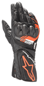 Gants Alpinestars SP-8 V3, gants de moto racing en cuir, noir et rouge fluo, avec protection renforcée des articulations à double densité, empiècements en cuir perforé et logo SP-8, design performance sport
