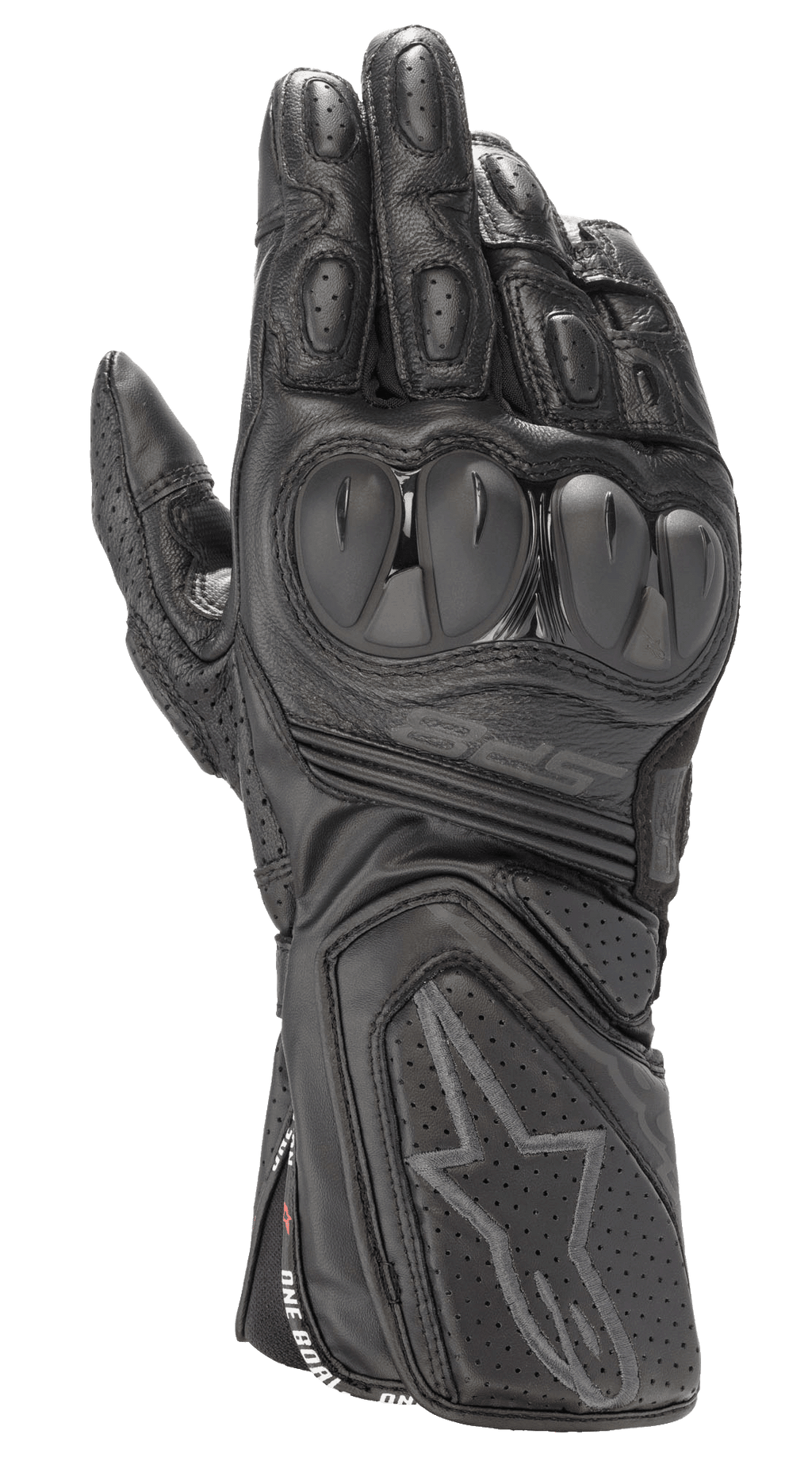 Alpinestars SP-8 V3 Gloves, Black Leather Motorcycle Racing Gloves, All-Black, featuring dual-density knuckle protection, perforated leather panels, and a secure cuff with an embossed star logo and SP-8 branding.