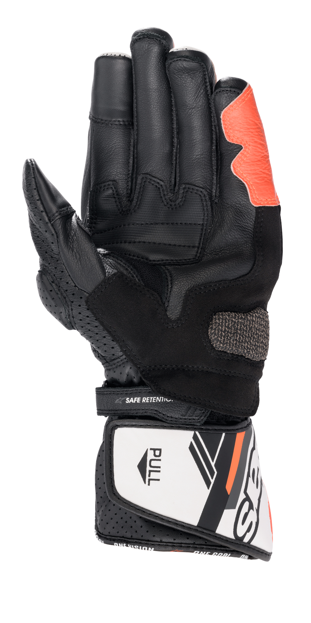 Gants Alpinestars SP-8 V3, gants de course moto, noir, blanc et rouge fluo, vue de la paume montrant les inserts d'adhérence texturés et la paume renforcée, fermeture de la manchette par crochet et boucle avec sangle « SAFE RETENTION » et tirette blanche « PULL », détails en cuir perforé