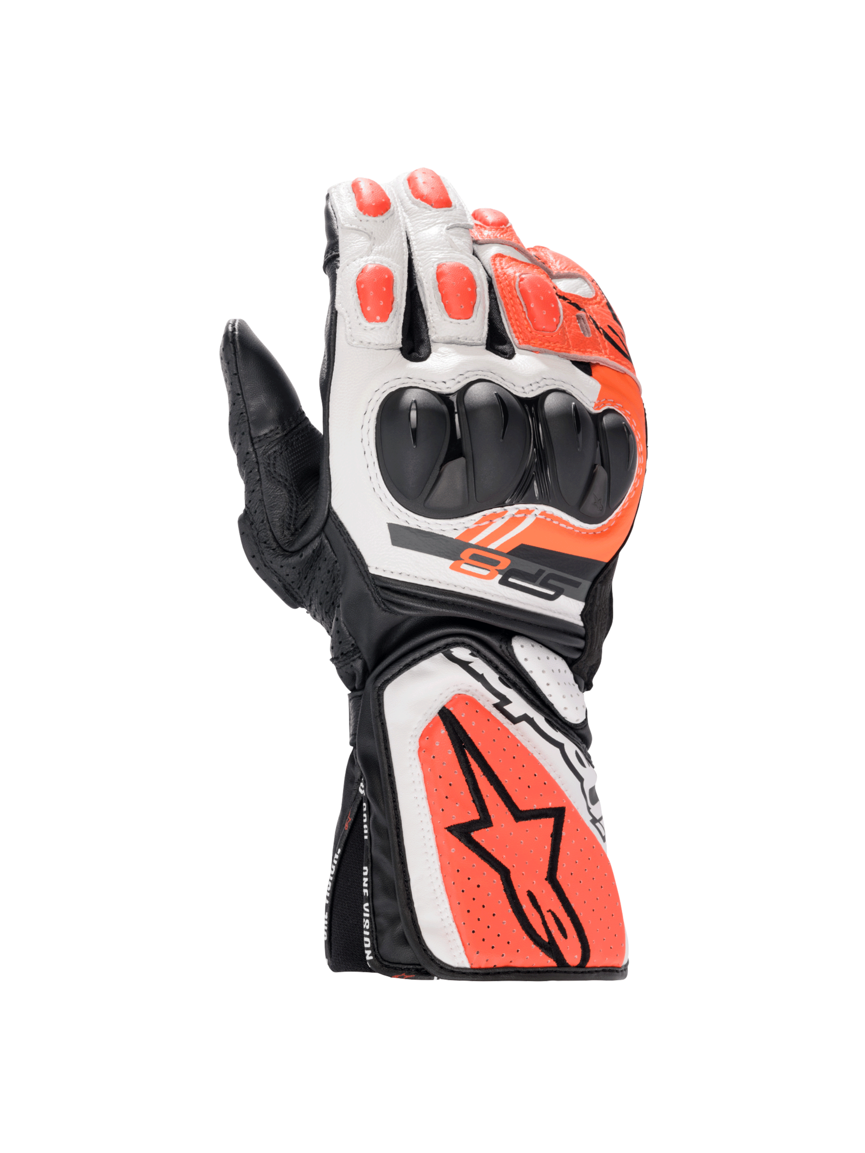Gants Alpinestars SP-8 V3, gants de moto pour course, noir, blanc et rouge fluo, coque de protection SP double densité, construction en cuir de chèvre premium