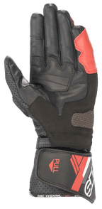 Alpinestars SP-8 V3 Leather Gloves, Black White and Bright Red, palm view showing reinforced leather construction, padded grip inserts, and a long cuff with hook and loop closure and 'ONE VISION' branding