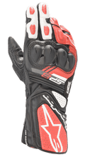 Alpinestars SP-8 V3 Gloves, Motorcycle Racing Gloves, Black White and Bright Red, featuring dual-density knuckle protection, perforated leather panels, and long cuff with bold Alpinestars branding, designed for track performance and road safety