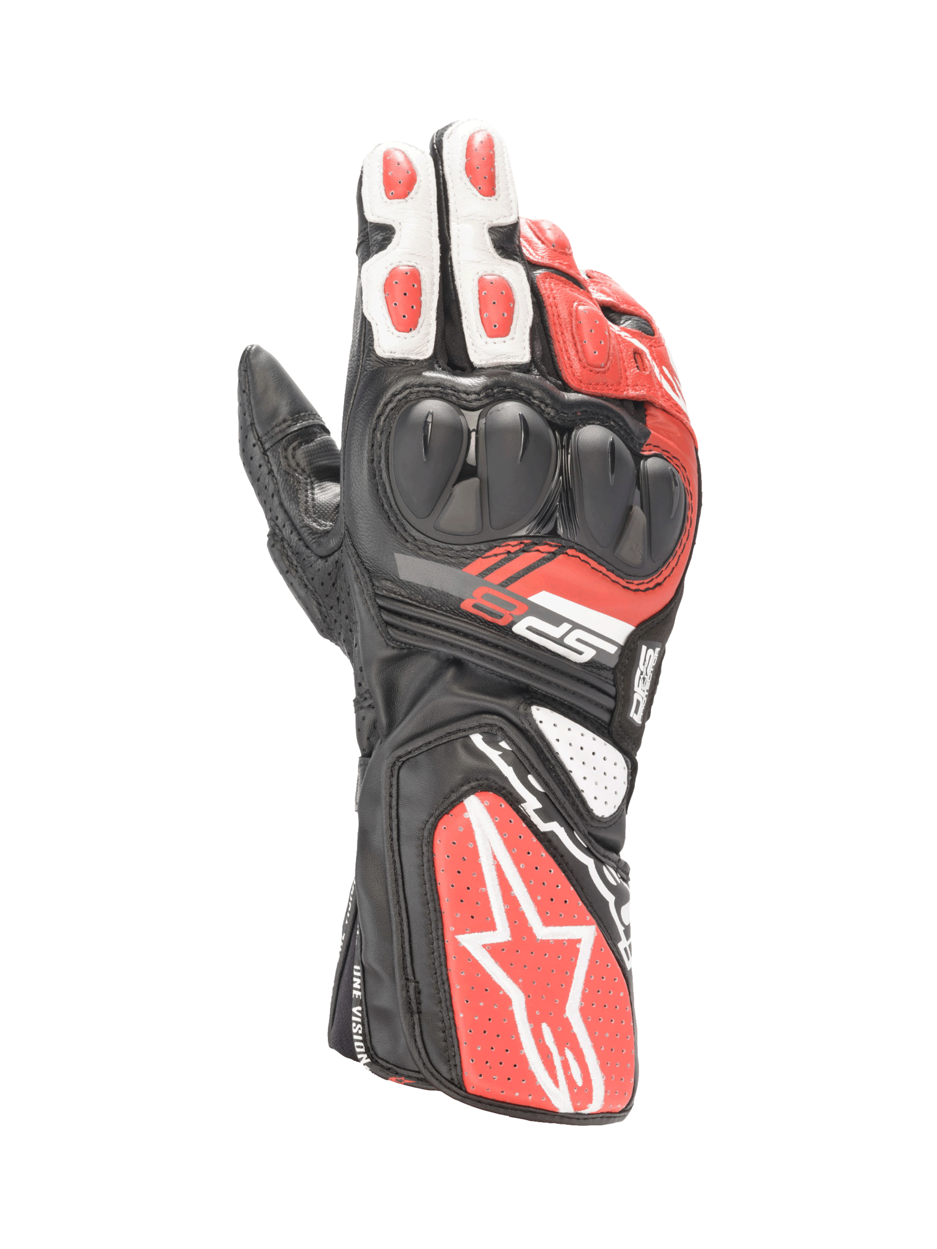 Alpinestars SP-8 V3, gants de moto en cuir pour homme, noirs, blancs et rouges, protection des articulations double densité, manchette allongée et design racing ergonomique