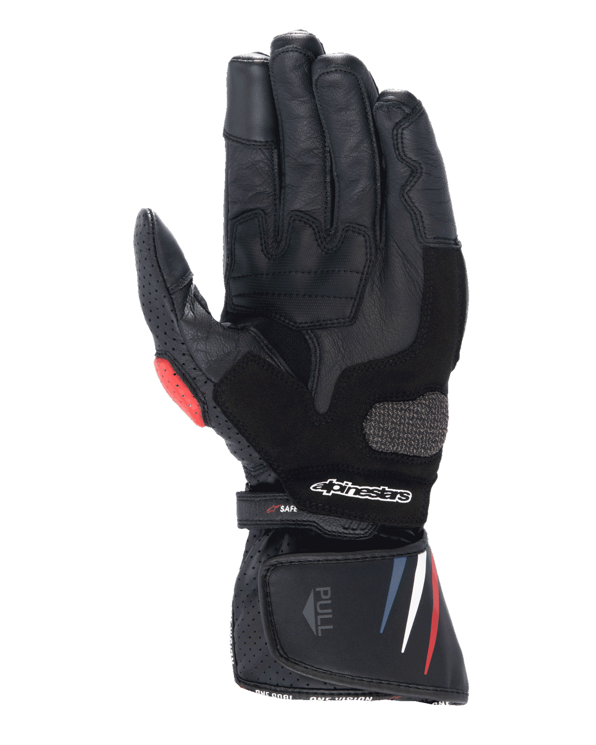 Gants Alpinestars Honda SP-8 V3, gants de moto, noirs avec accents rouges et bleus, vue de la paume montrant la construction en cuir pleine fleur, curseur de paume renforcé, détails perforés et manchette étendue avec logo Alpinestars