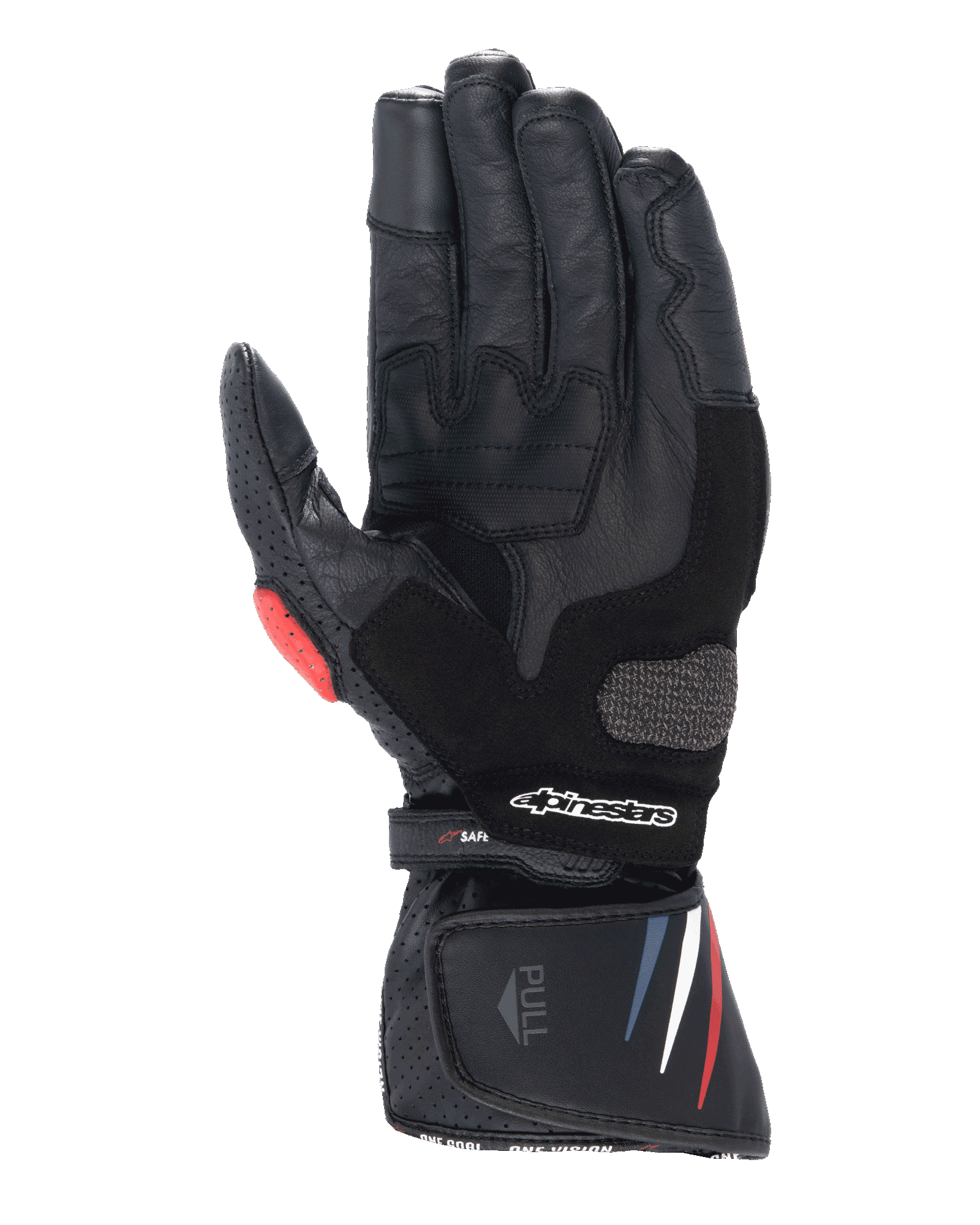 Gants Alpinestars Honda SP-8 V3, gants de moto, noirs avec accents rouges et bleus, vue de la paume montrant la construction en cuir pleine fleur, curseur de paume renforcé, détails perforés et manchette étendue avec logo Alpinestars