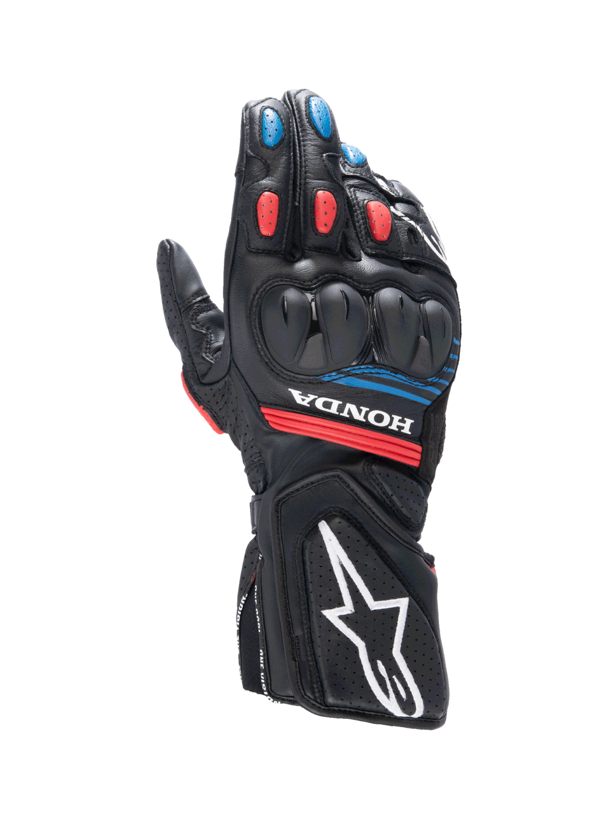 Gants Alpinestars Honda SP-8 V3 pour homme, gants de moto sport noirs, rouges et bleus, cuir et protection des phalanges.