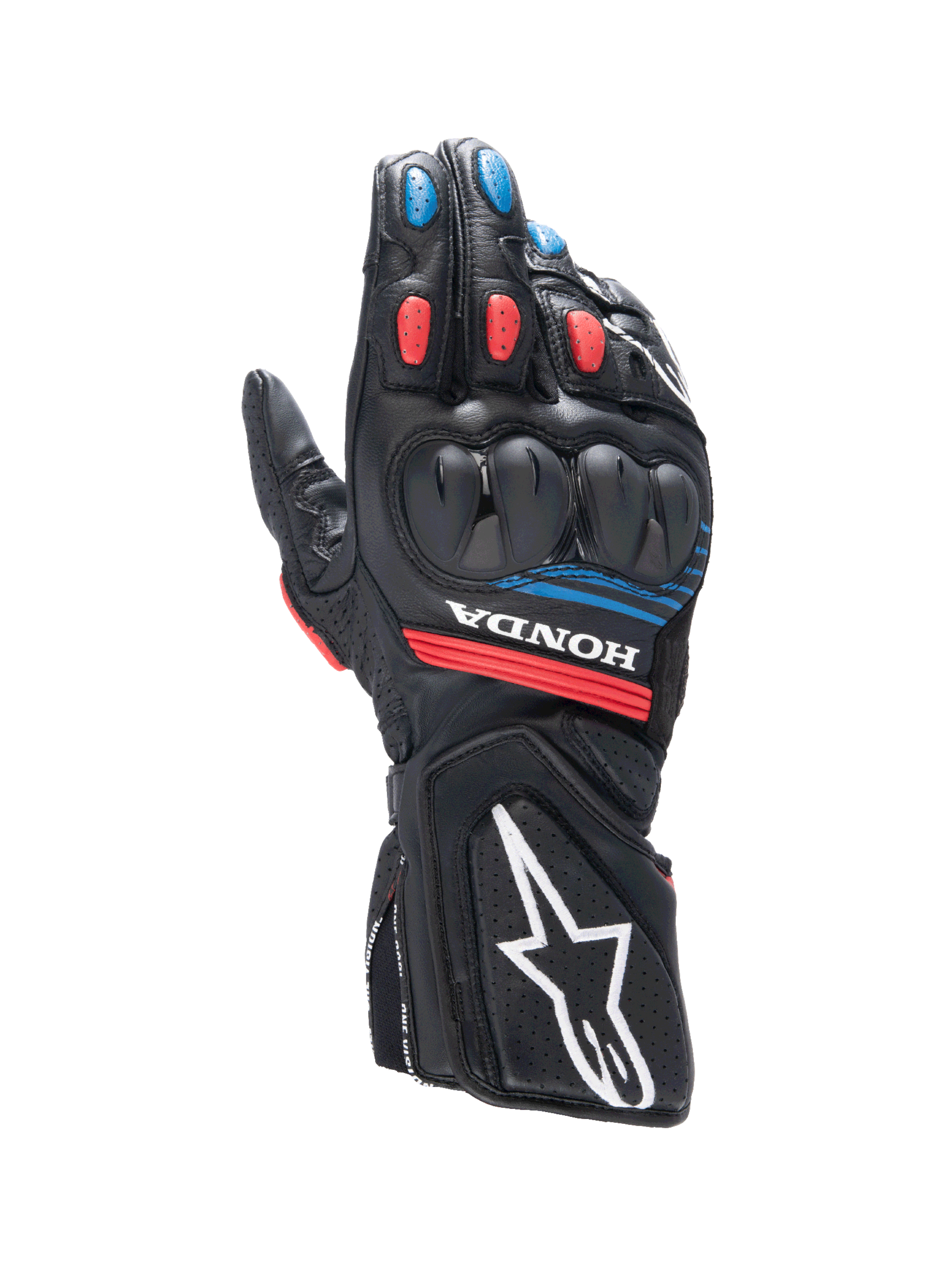 Gants Alpinestars Honda SP-8 V3 pour homme, gants de moto sport noirs, rouges et bleus, cuir et protection des phalanges.
