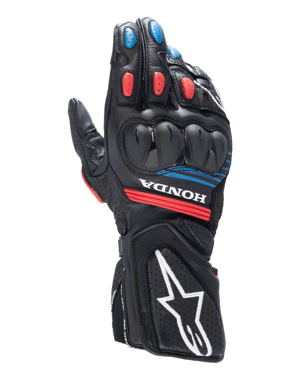 Gants Alpinestars Honda SP-8 V3, gants de moto de course, noirs avec accents rouge vif et bleu, protection des articulations rigide à double densité, construction en cuir perforé, logo Honda au poignet et grand logo Alpinestars blanc sur la manchette