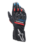Gants Alpinestars Honda SP-8 V3, gants de moto de course, noirs avec accents rouge vif et bleu, protection des articulations rigide à double densité, construction en cuir perforé, logo Honda au poignet et grand logo Alpinestars blanc sur la manchette