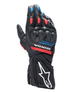 Gants Alpinestars Honda SP-8 V3, gants de moto de course, noirs avec accents rouge vif et bleu, protection des articulations rigide à double densité, construction en cuir perforé, logo Honda au poignet et grand logo Alpinestars blanc sur la manchette