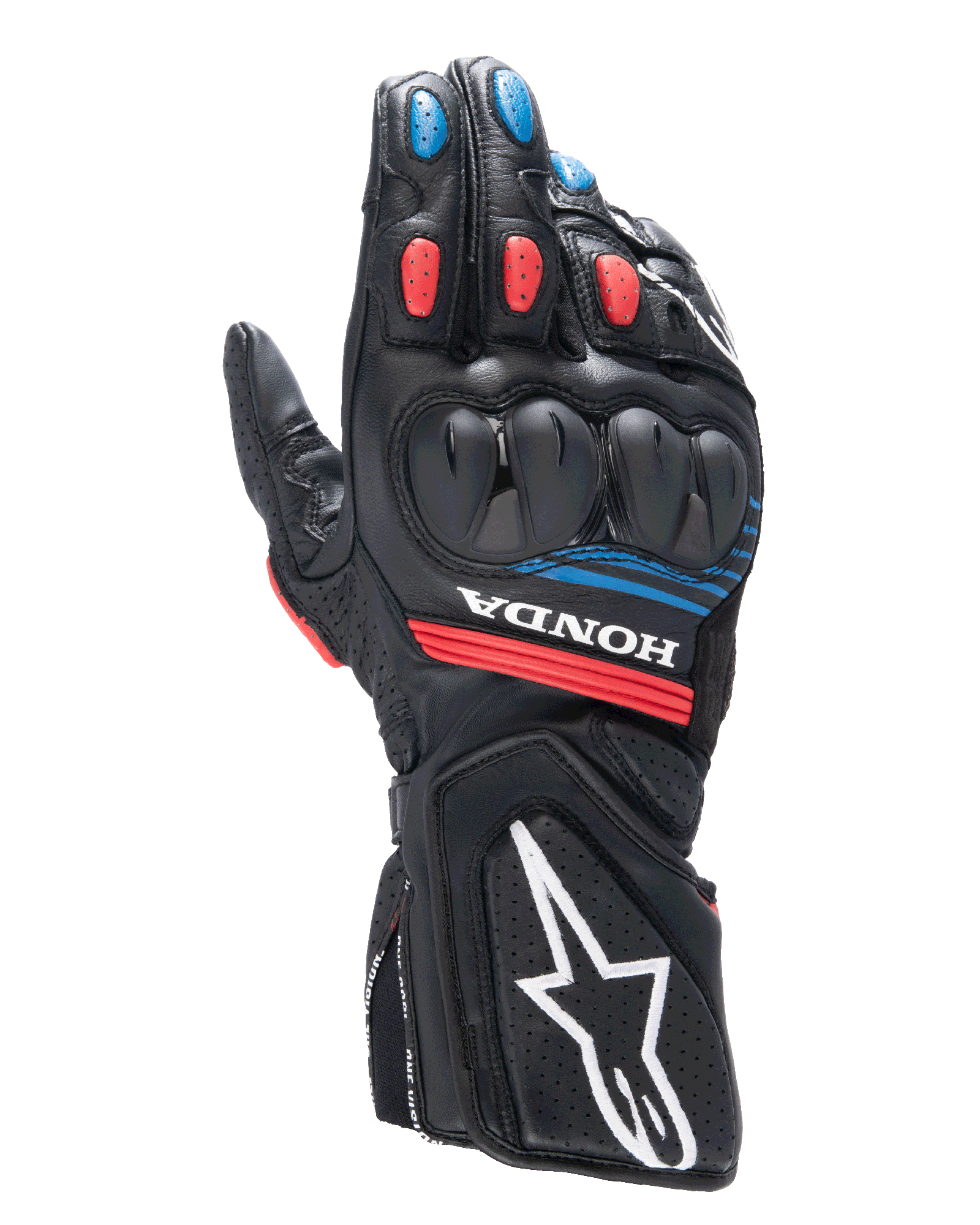 Gants Alpinestars Honda SP-8 V3, gants de moto de course, noirs avec accents rouge vif et bleu, protection des articulations rigide à double densité, construction en cuir perforé, logo Honda au poignet et grand logo Alpinestars blanc sur la manchette