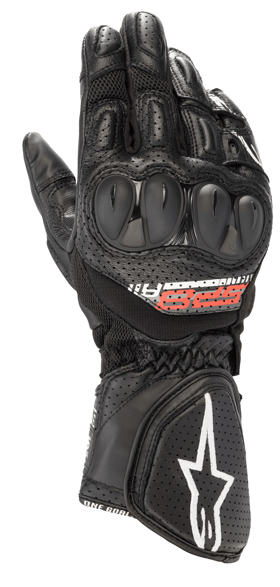 Alpinestars SP-8 V3 Air Gloves, Motorcycle Racing Gloves, Black with Red and White accents, featuring hard knuckle protectors, perforated leather, and 3D mesh panels for ventilation