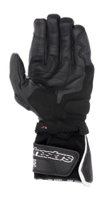 Gants Alpinestars SP-8 V3 Air, gants de moto, noir avec des accents blancs et rouges, vue de la paume avec cuir perforé, zones de préhension renforcées et manchette en mesh 3D avec grand logo Alpinestars sur la sangle auto-agrippante
