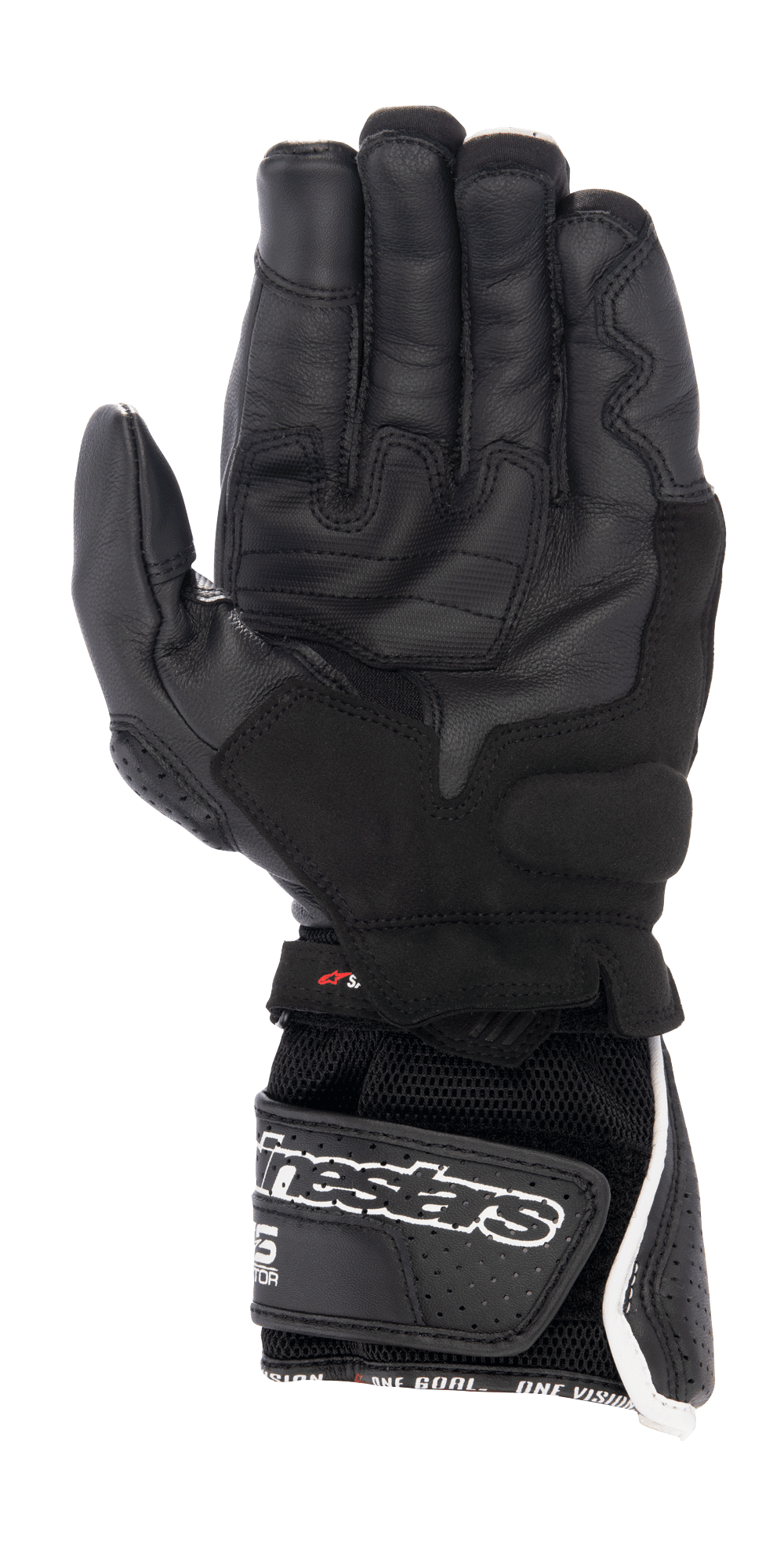 Gants Alpinestars SP-8 V3 Air, gants de moto, noir avec des accents blancs et rouges, vue de la paume avec cuir perforé, zones de préhension renforcées et manchette en mesh 3D avec grand logo Alpinestars sur la sangle auto-agrippante