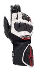 Alpinestars SP-8 V3 Air, gants de moto racing, noir, blanc et rouge vif, avec construction en cuir perforé, protection d'articulations à double densité, panneaux en mesh 3D et logo rouge sur la manchette