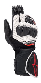 Alpinestars SP-8 V3 Air, gants de moto racing, noir, blanc et rouge vif, avec construction en cuir perforé, protection d'articulations à double densité, panneaux en mesh 3D et logo rouge sur la manchette