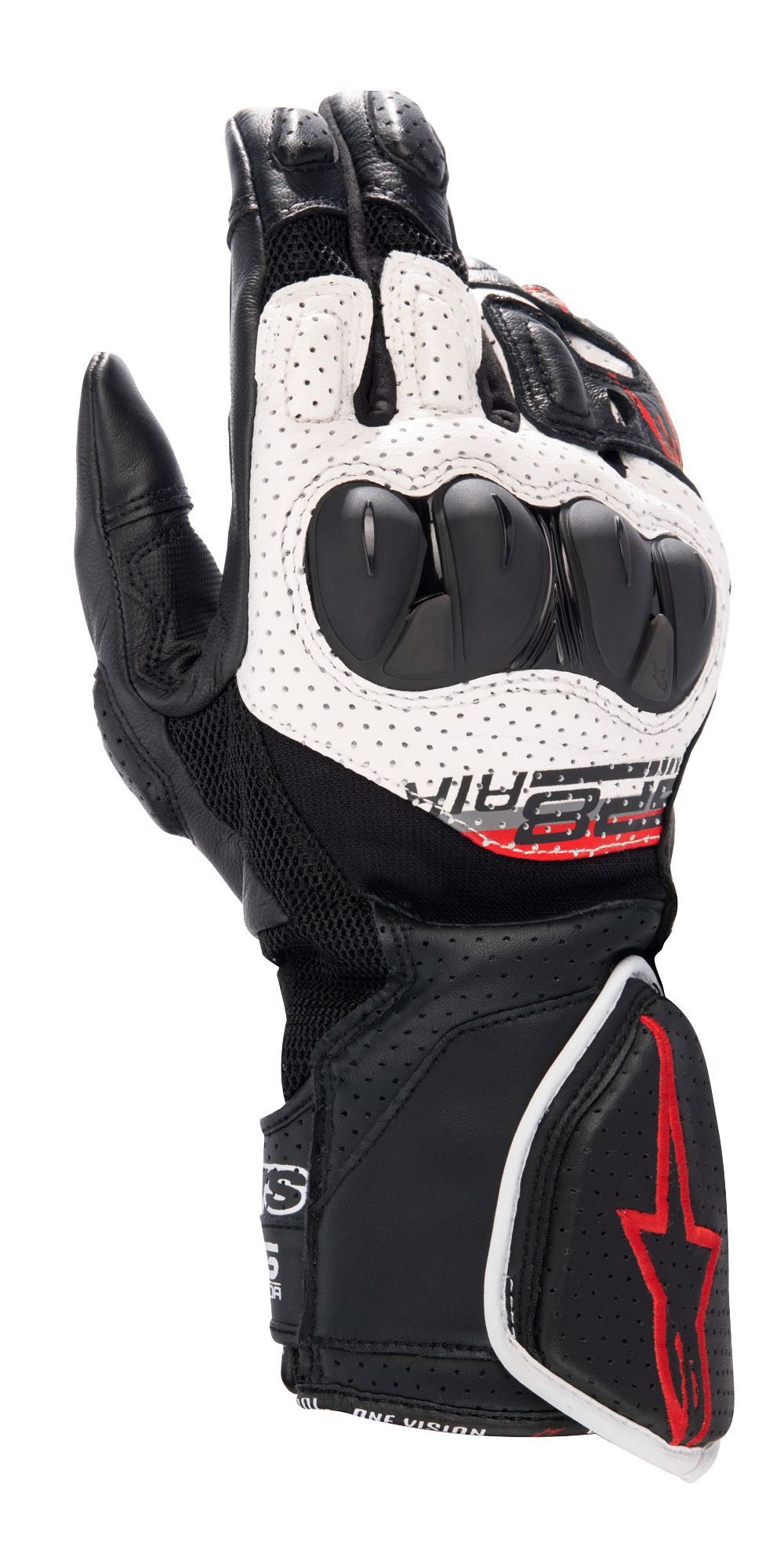 Alpinestars SP-8 V3 Air, gants de moto racing, noir, blanc et rouge vif, avec construction en cuir perforé, protection d'articulations à double densité, panneaux en mesh 3D et logo rouge sur la manchette