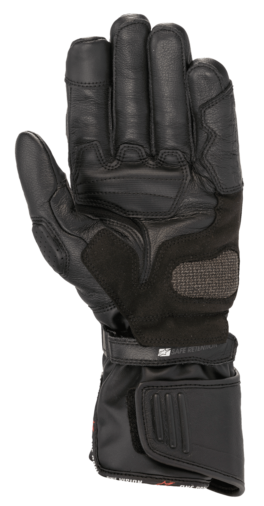 Gants Alpinestars SP-8 HDry®, gants de moto, noirs, vue de la paume montrant la construction en cuir renforcé, zone d'atterrissage ARShield et double système de fermeture avec sangle « Safe Retention », protection de conduite sportive imperméable