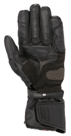 Gants Alpinestars SP-8 HDry®, gants de moto, noirs, vue de la paume montrant la construction en cuir renforcé, zone d'atterrissage ARShield et double système de fermeture avec sangle « Safe Retention », protection de conduite sportive imperméable