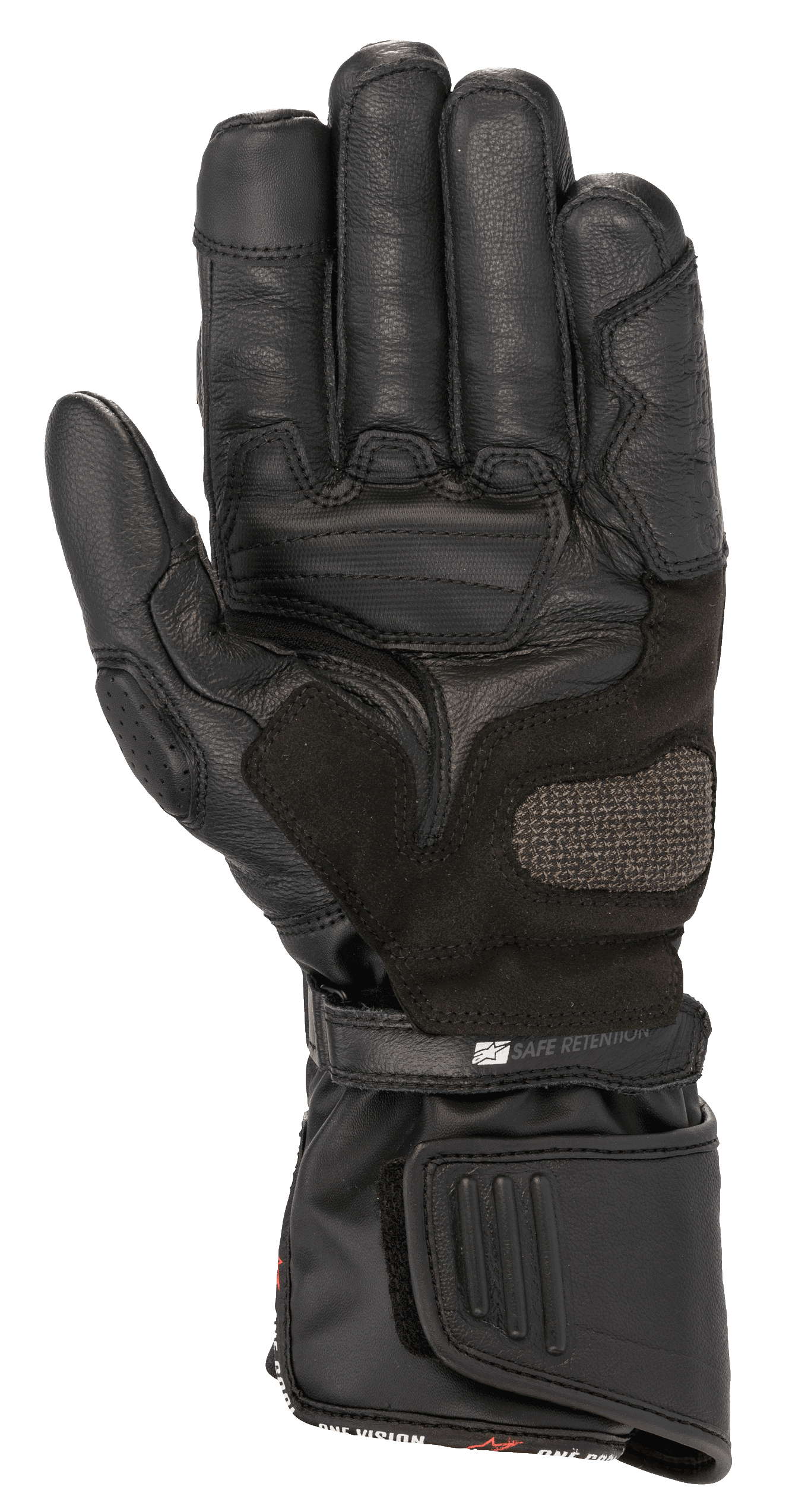 Gants Alpinestars SP-8 HDry®, gants de moto, noirs, vue de la paume montrant la construction en cuir renforcé, zone d'atterrissage ARShield et double système de fermeture avec sangle « Safe Retention », protection de conduite sportive imperméable