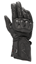 Gants Alpinestars SP-8 HDry, gants de moto de course imperméables, noirs, protections d'articulations dures à double densité, cuir texturé avec perforations, doigts rembourrés, manchette longue avec logo étoile embossé et marquage de la technologie HDry