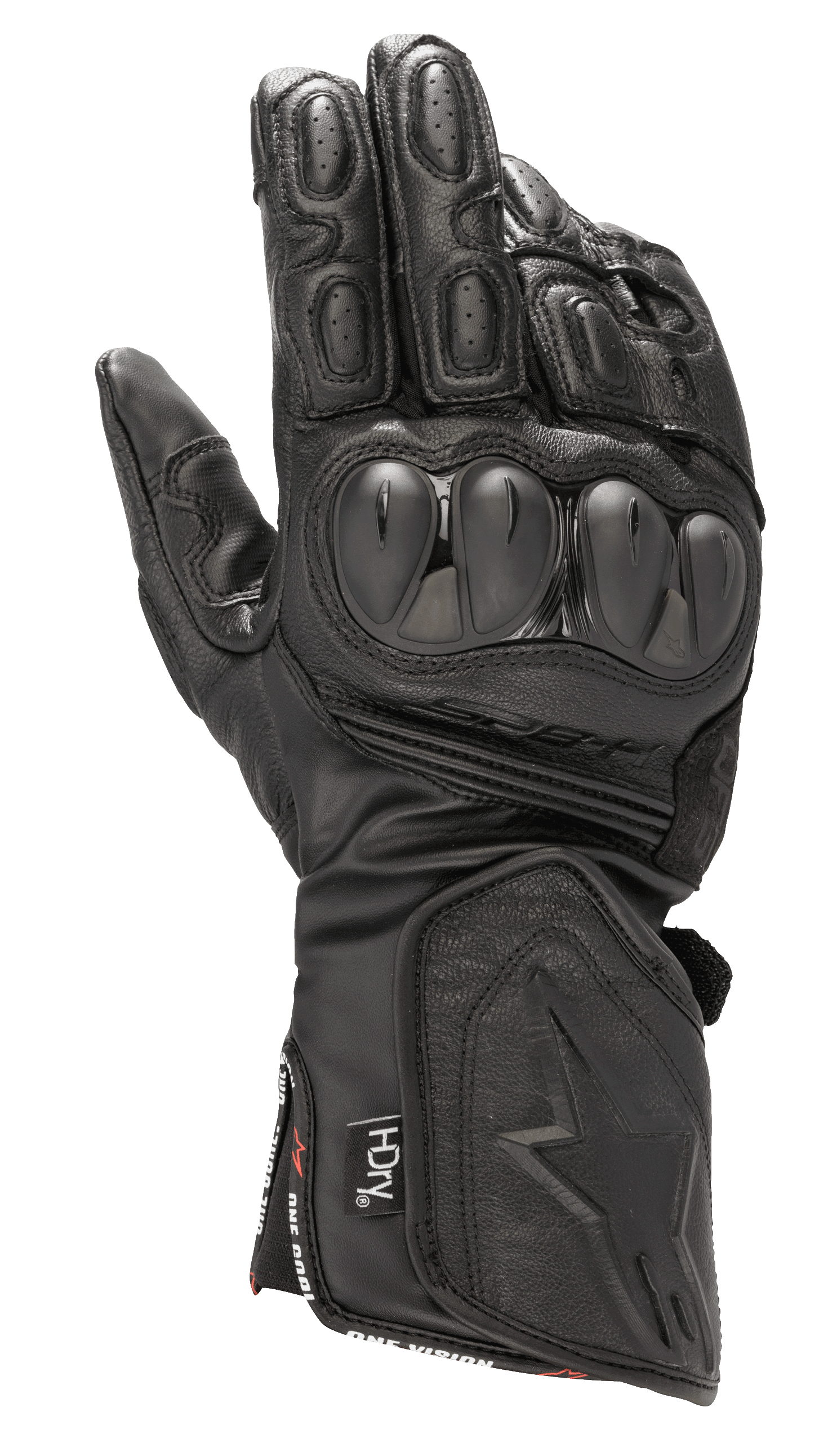 Gants Alpinestars SP-8 HDry, gants de moto de course imperméables, noirs, protections d'articulations dures à double densité, cuir texturé avec perforations, doigts rembourrés, manchette longue avec logo étoile embossé et marquage de la technologie HDry