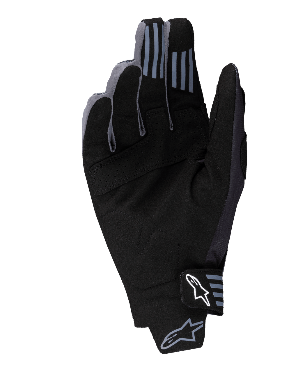 Alpinestars 2025 Techstar Gloves, gants de motocross, noir, vue de la paume montrant le matériau en daim synthétique avec détails perforés, grip en silicone sur le bout des doigts et logo Alpinestars blanc sur la fermeture du poignet.