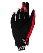 Gants Alpinestars Techstar 2025, gants de motocross, noir et rouge vif, vue de la paume montrant la construction en daim synthétique, bandes d'adhérence en silicone rouge sur les doigts et fermeture moulée au poignet avec logos Alpinestars blancs
