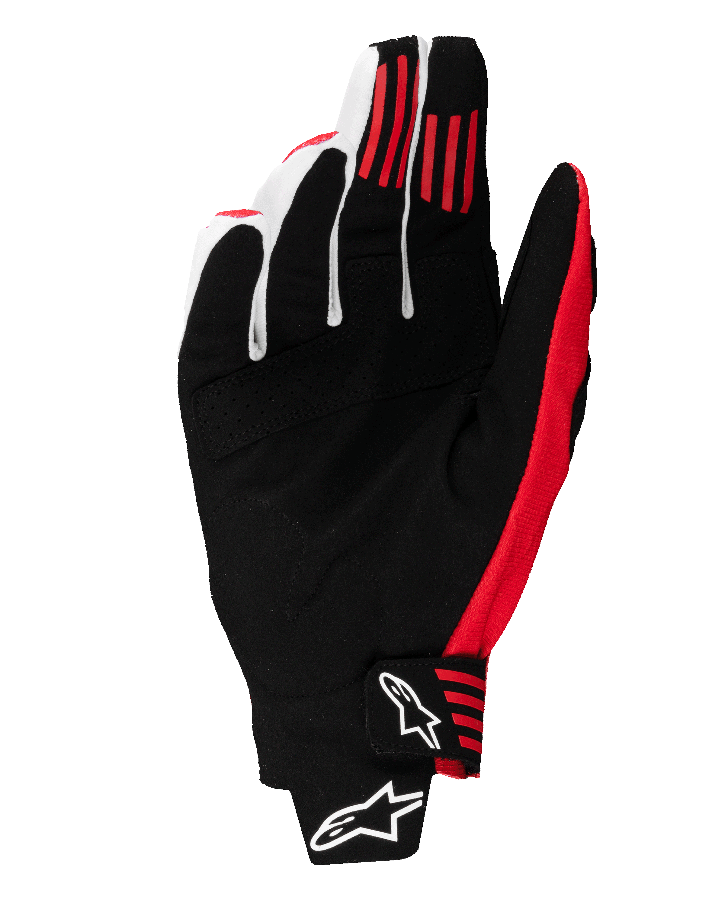 Gants Alpinestars Techstar 2025, gants de motocross, noir et rouge vif, vue de la paume montrant la construction en daim synthétique, bandes d'adhérence en silicone rouge sur les doigts et fermeture moulée au poignet avec logos Alpinestars blancs