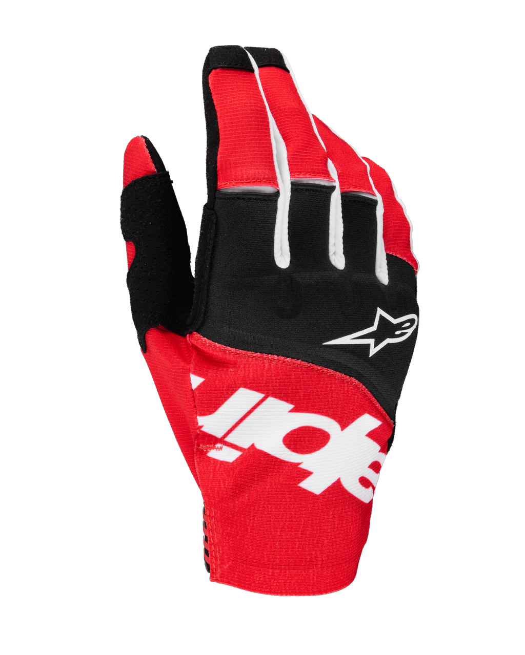 Gants Alpinestars Techstar 2025, gants de motocross, noir et rouge vif avec accents blancs, marquage Alpinestars sublimé sur le dos de la main et logo étoile sur les articulations, tissu extensible durable pour la course tout-terrain