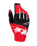 Gants Alpinestars Techstar 2025, gants de motocross, noir et rouge vif avec accents blancs, marquage Alpinestars sublimé sur le dos de la main et logo étoile sur les articulations, tissu extensible durable pour la course tout-terrain