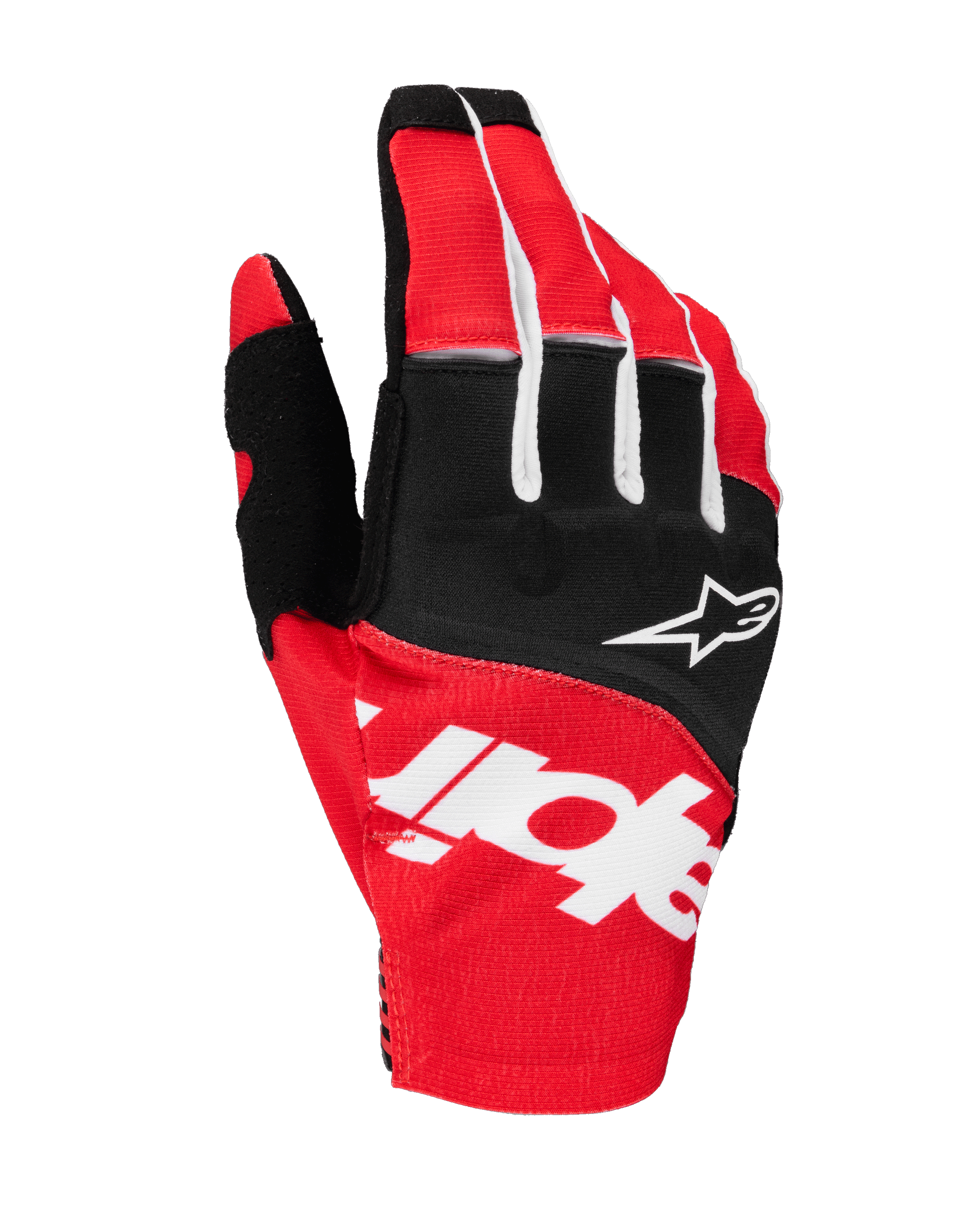 Gants Alpinestars Techstar 2025, gants de motocross, noir et rouge vif avec accents blancs, marquage Alpinestars sublimé sur le dos de la main et logo étoile sur les articulations, tissu extensible durable pour la course tout-terrain