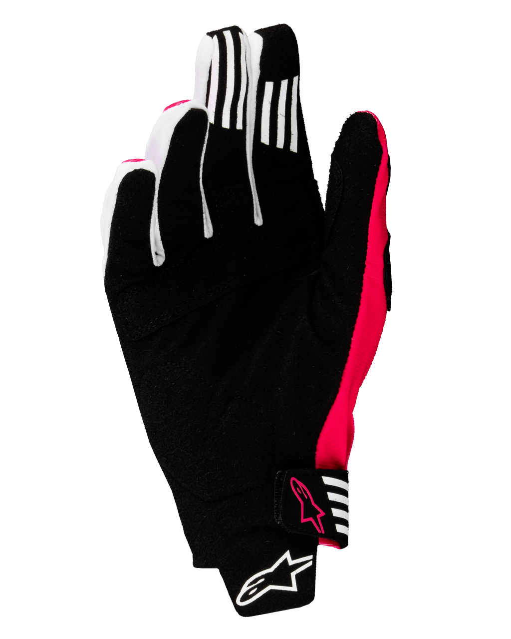 Gants Alpinestars Techstar 2025, gants de motocross, noir et rose fluo, vue de la paume avec daim synthétique renforcé, bandes de grip blanches sur les doigts, accents et logos rose fluo, fermeture du poignet sans couture avec marquage Alpinestars
