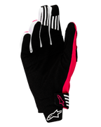 Gants Alpinestars Techstar 2025, gants de motocross, noir et rose fluo, vue de la paume avec daim synthétique renforcé, bandes de grip blanches sur les doigts, accents et logos rose fluo, fermeture du poignet sans couture avec marquage Alpinestars