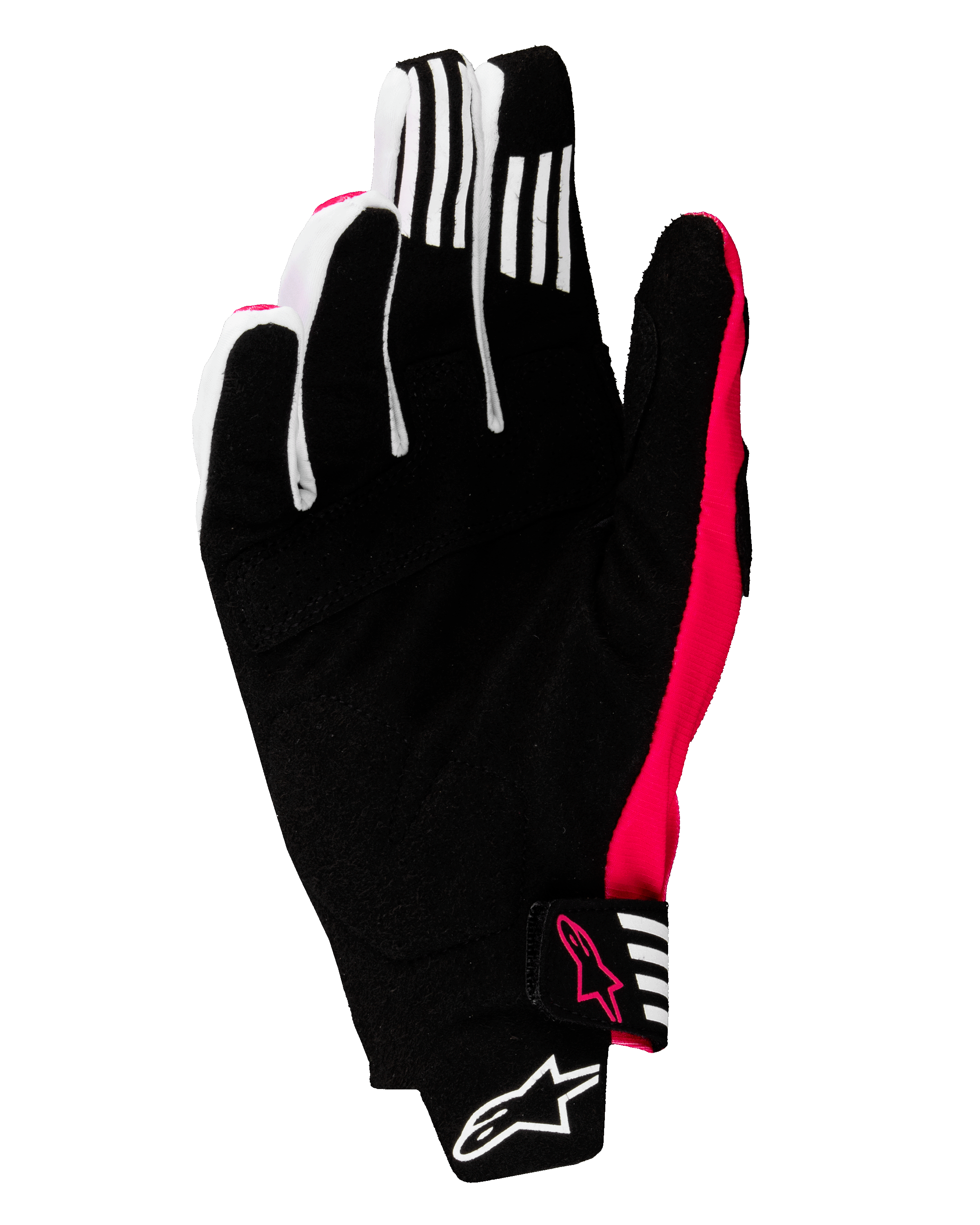 Gants Alpinestars Techstar 2025, gants de motocross, noir et rose fluo, vue de la paume avec daim synthétique renforcé, bandes de grip blanches sur les doigts, accents et logos rose fluo, fermeture du poignet sans couture avec marquage Alpinestars