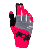 Gants Alpinestars Techstar 2025, gants de motocross, rose fluo, gris et noir, dotés d'empiècements gris aux articulations avec logo blanc, marquage noir sur tissu extensible rose fluo, conception légère avec accents blancs pour la performance tout-terrain
