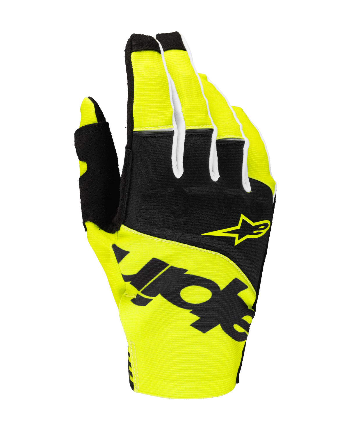 Alpinestars 2025 Techstar Gloves, Motocross Racing Gloves, Black and Yellow Fluo, featuring yellow star logo and bold black branding, textile construction with micro ripstop for off-road performance