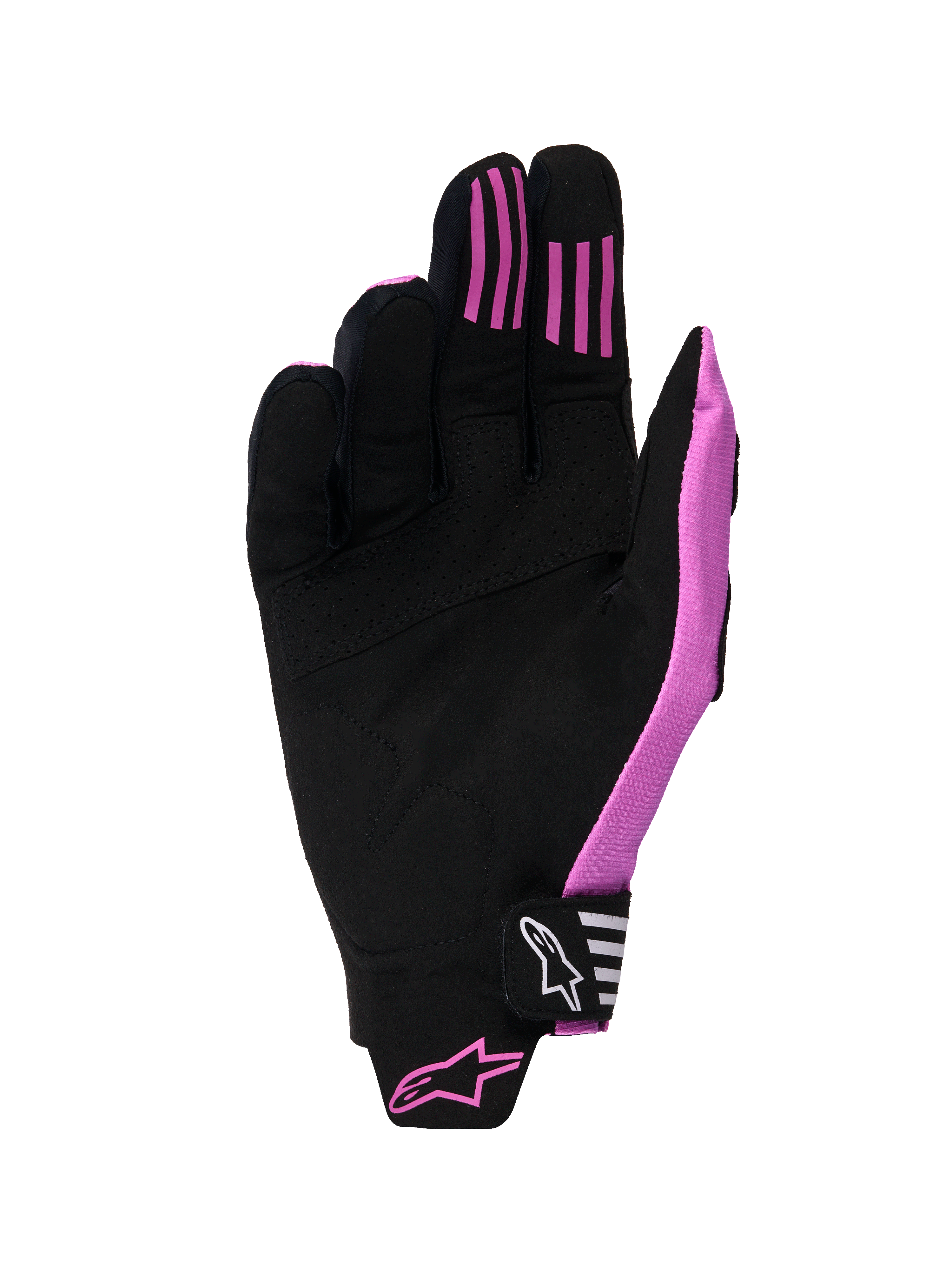 Alpinestars 2026 Techstar Gloves, Motocross Gloves, Black and Purple, palm view featuring synthetic suede construction, silicone grip strips on fingers, and a molded Velcro closure strap with branding.