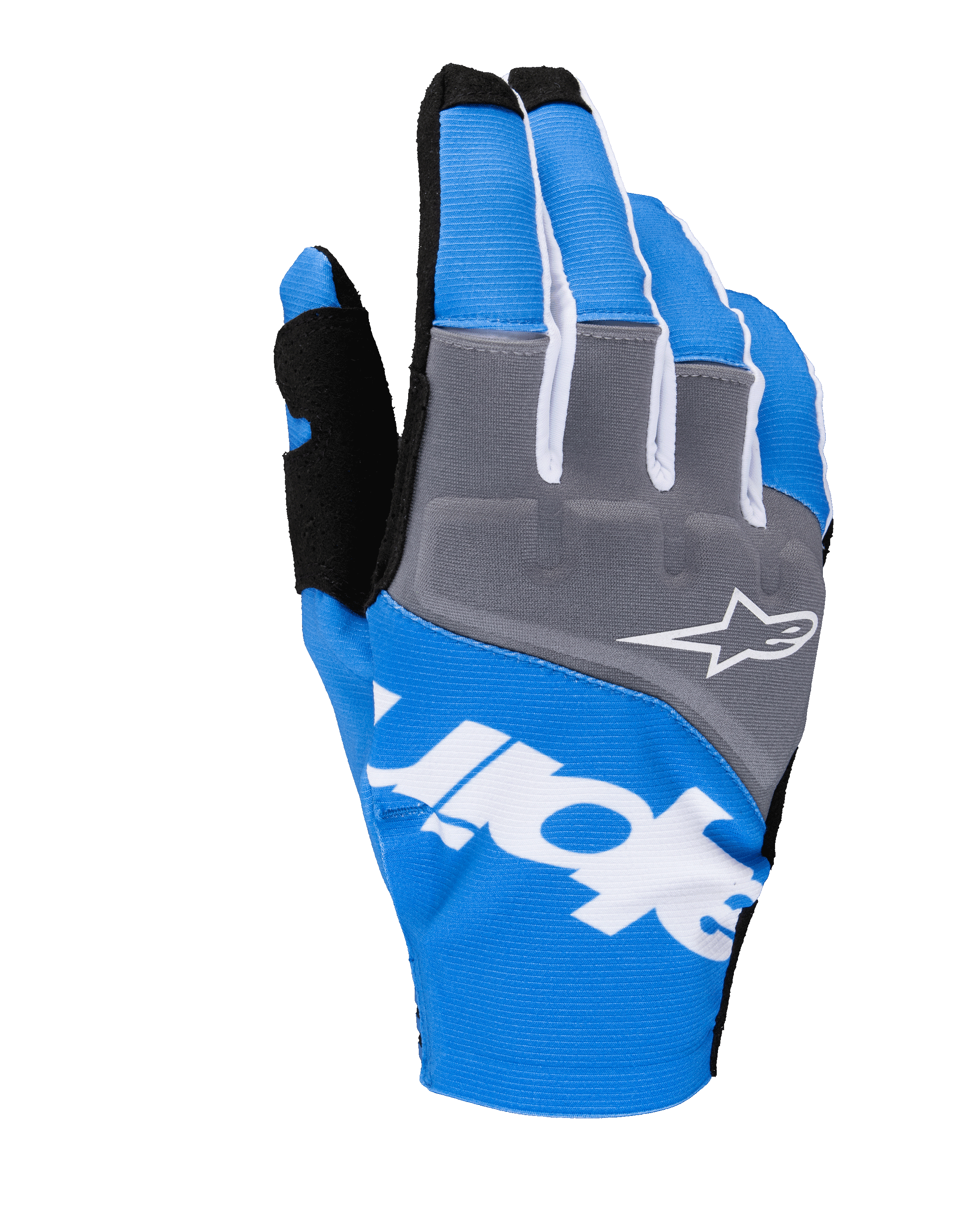 Alpinestars 2025 Techstar Gloves, Motocross Racing Gloves, Blue and Gray with White and Black accents, featuring a white star logo on the knuckle panel, bold white branding across the backhand, and ribbed textile construction for off-road racing.
