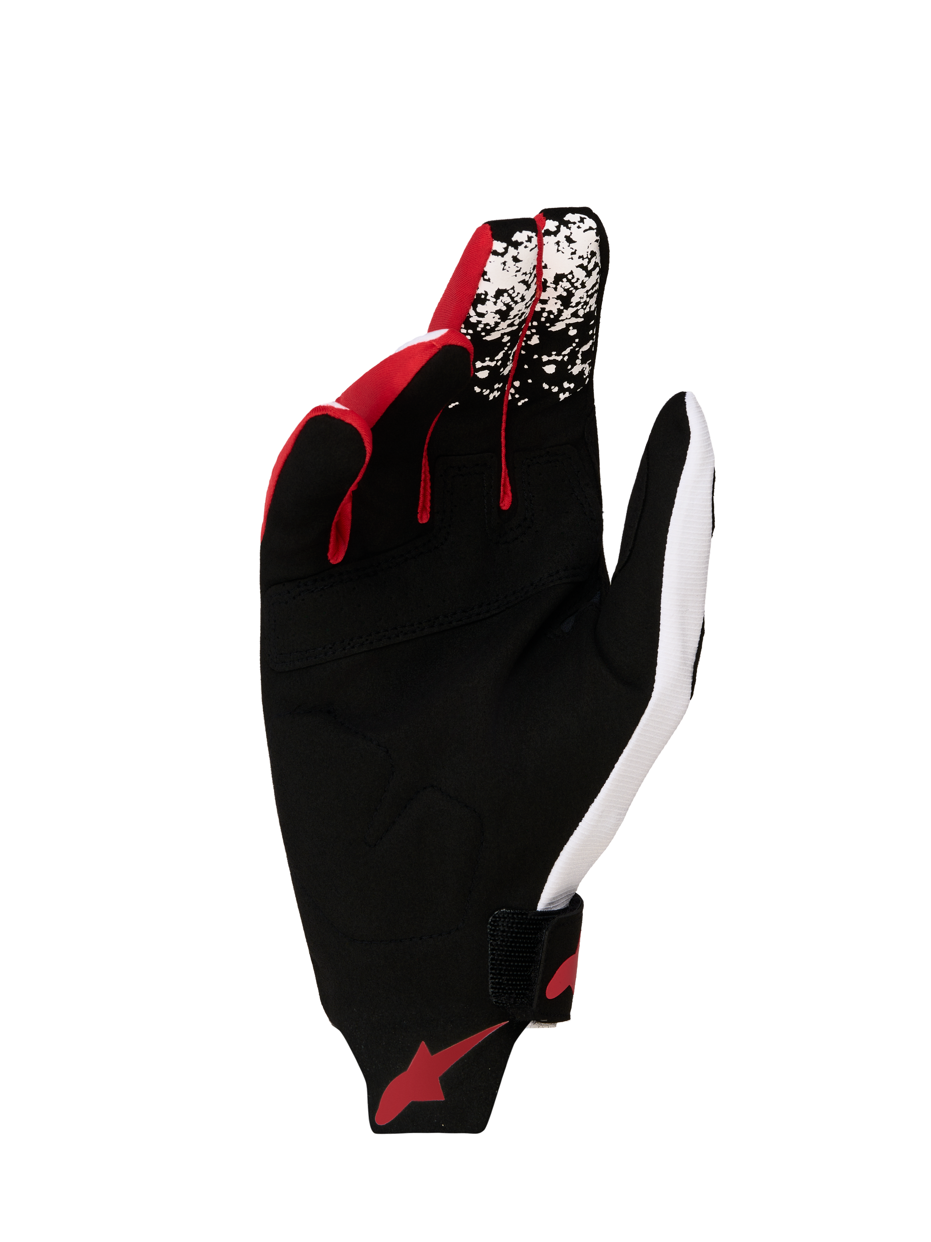 Alpinestars Gants Techstar 2027, gants de motocross pour homme, noirs, blancs et rouges fluo, vue de la paume en suède synthétique renforcée, bout des doigts conducteurs