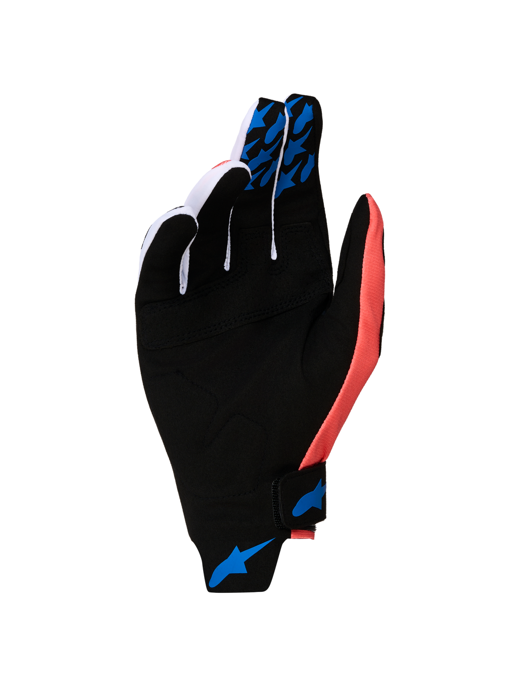 Alpinestars Techstar 2027, gants de motocross noirs et roses, paume en daim synthétique et grips bleus.