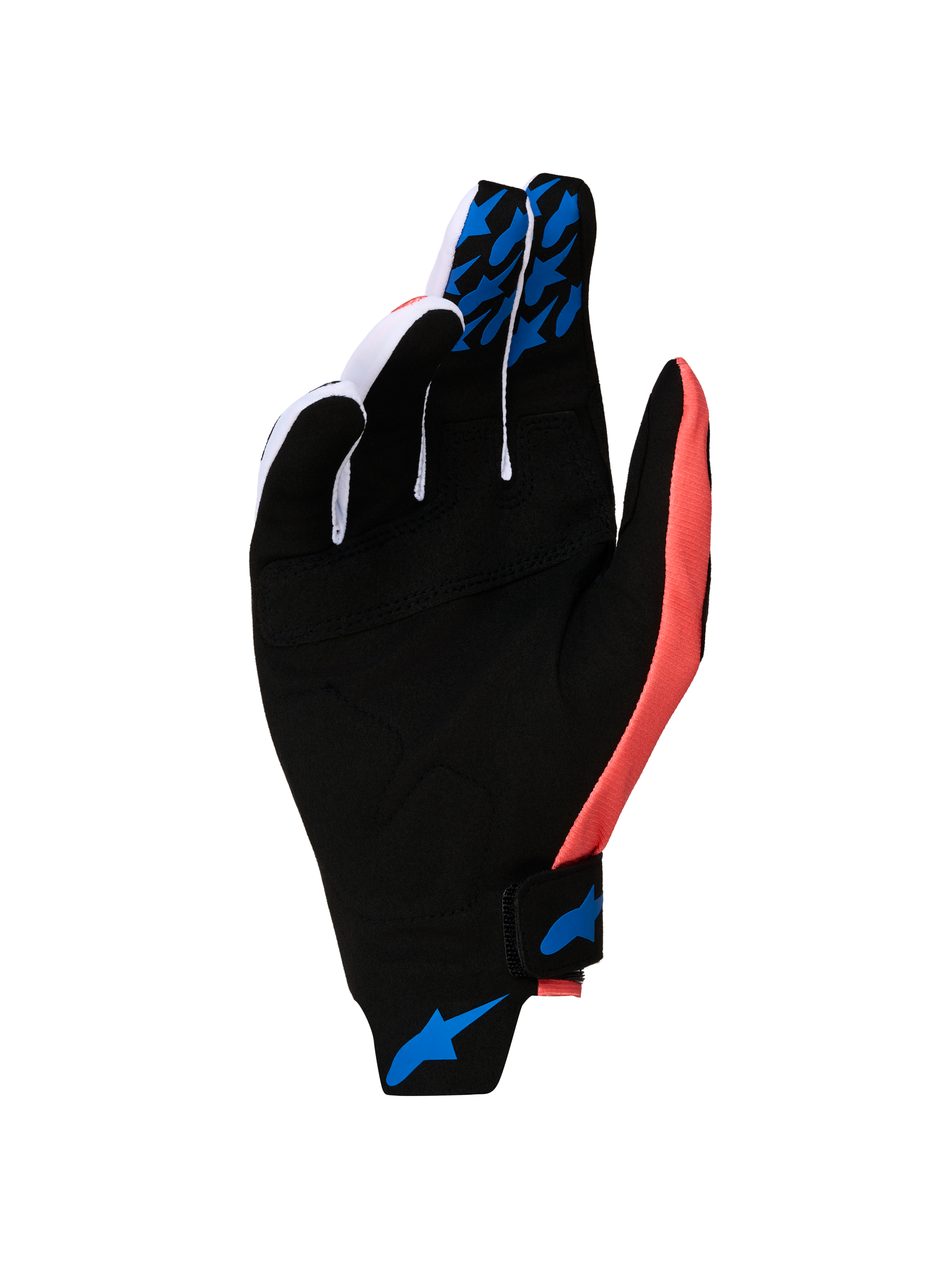 Alpinestars Techstar 2027, gants de motocross noirs et roses, paume en daim synthétique et grips bleus.
